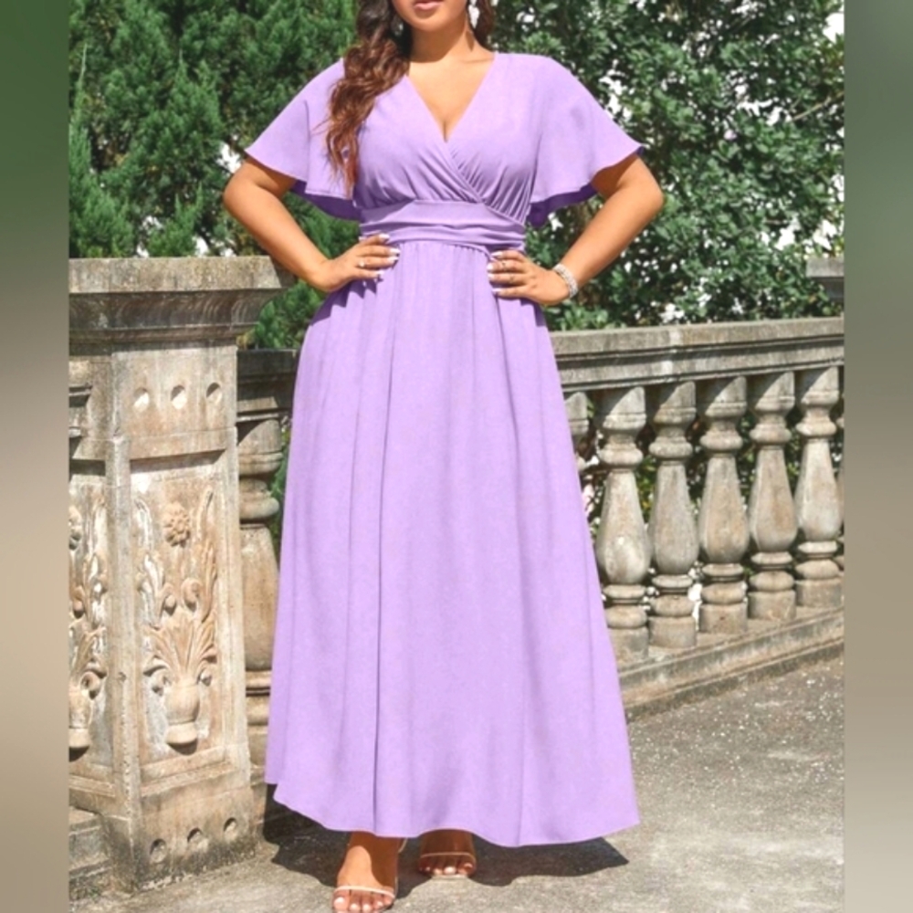 NEW Chic Ruched Waist Flutter Sleeve Maxi Dress PLUS Lavender Purple